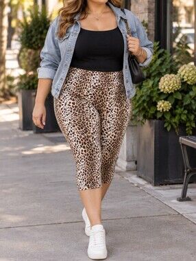 Briggs New York Leopard Print Capri Leggings Tan Brown Y2K Animal Print Casual